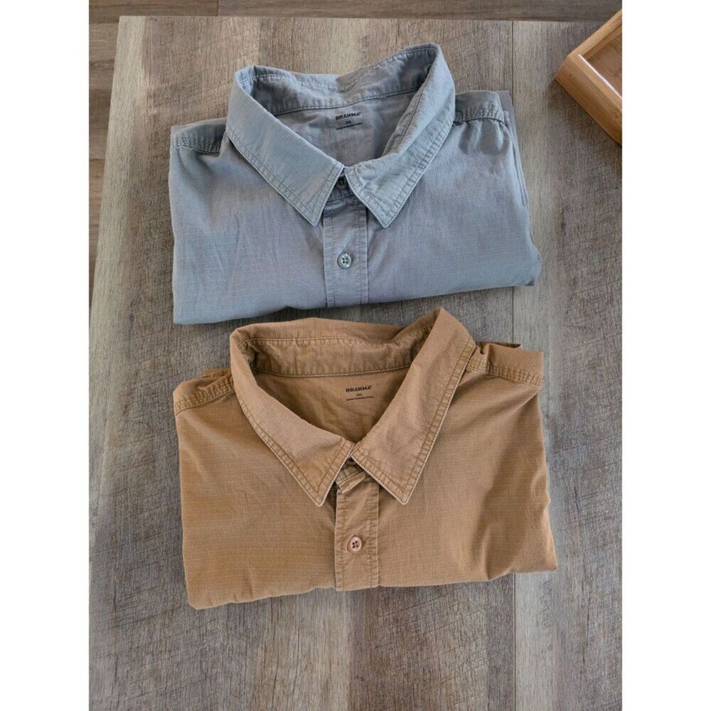 Lot of 2 Brahma Mens 2XL Short Sleeve Button Down Shirts Sage Green Brown Ochre